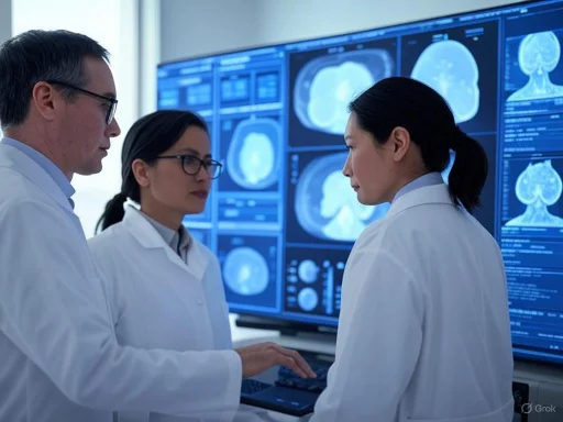 Medical professionals analyze brain scan images on large screens in a high-tech lab. Medical professionals analyze brain scan images on large screens in a high-tech lab.