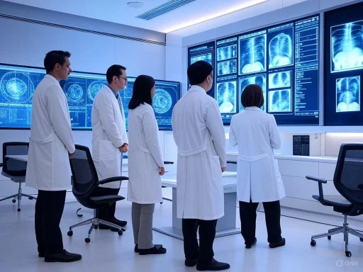 Medical team analyzing chest X-ray images on large digital screens in a hospital control room. Medical team analyzing chest X-ray images on large digital screens in a hospital control room.