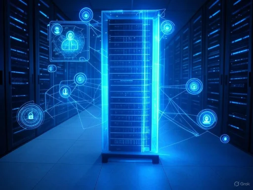 A digital futuristic server room with holographic security icons and data connections, illuminated in blue.