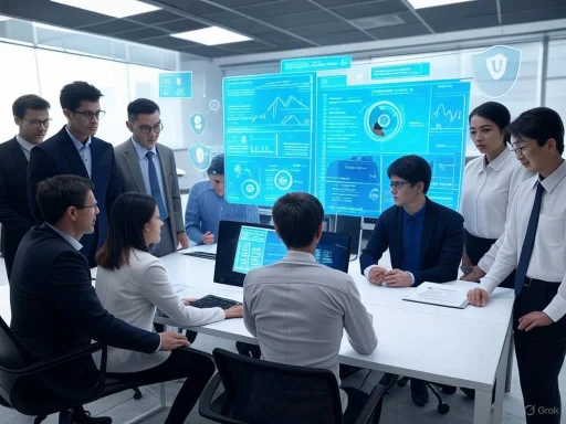 A diverse group of professionals attend a high-tech meeting with holographic data displays in a modern office.