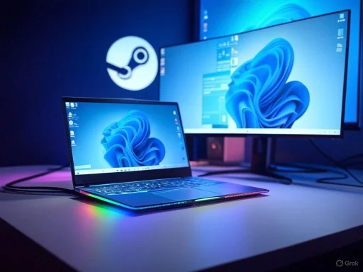 A gaming laptop with a second monitor, illuminated by RGB lighting, on a desk with a Steam logo in the background.