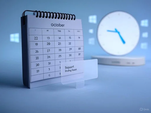 A calendar marked for October with an 'Ending Soon' reminder, set against a blurred clock and Windows logo background.
