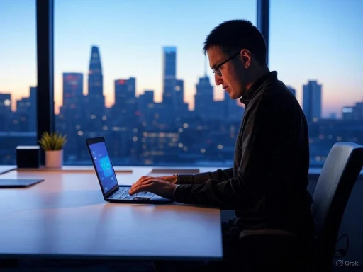 A man working on a laptop in an office with a city skyline view during dusk. A man working on a laptop in an office with a city skyline view during dusk.