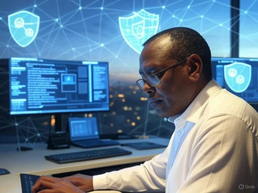 A man is working at a computer station with cybersecurity shields and digital security icons in the background.