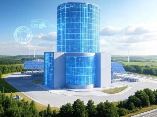 A futuristic, eco-friendly building with solar panels and wind turbines in a lush, green landscape under a clear blue sky.
