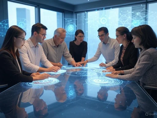 A diverse group of professionals collaborates around a digital touchscreen table in a modern office.