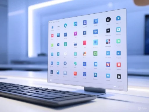 A sleek computer monitor displays various app icons, with a keyboard in the foreground, set in a modern, minimalistic workspace.