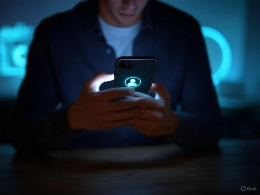 A person looks at their smartphone with a glowing user icon, illuminated against a dark background. A person looks at their smartphone with a glowing user icon, illuminated against a dark background.