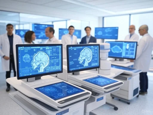 Medical researchers analyze brain scans on advanced computer stations in a modern lab setting.