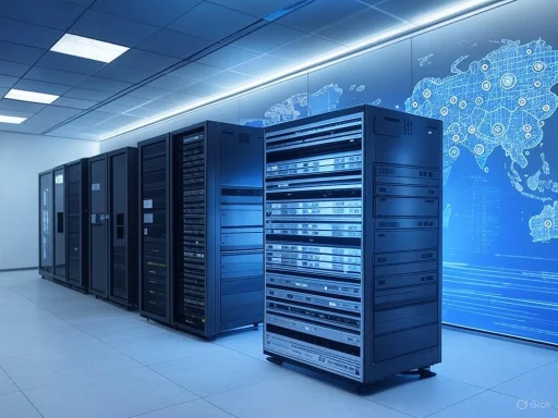 Server racks in a data center with a digital world map on the wall.