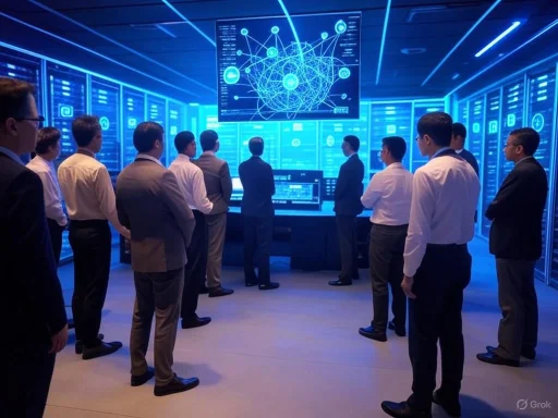 A group of professionals in formal attire watches a digital network analysis display on a large screen in a high-tech control room.