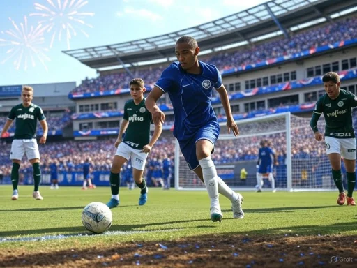 Soccer players compete on the field during a match with fireworks in the sky.