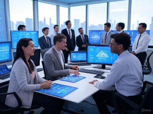 A diverse group of professionals in a high-tech conference room engaged in a business meeting with multiple digital screens and city skyline view.
