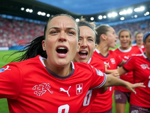Swiss female soccer players celebrating passionately on the field.