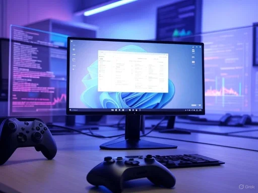 A gaming and data analysis workspace with a monitor, game controllers, and code on screens, illuminated by blue and purple lights.