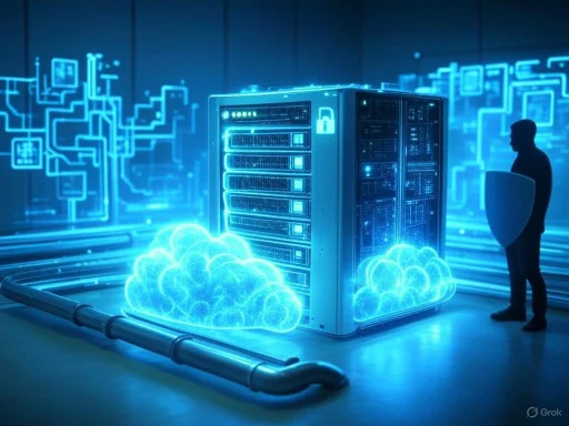 A person with a shield observes a digital server surrounded by glowing cloud icons in a futuristic data center. A person with a shield observes a digital server surrounded by glowing cloud icons in a futuristic data center.