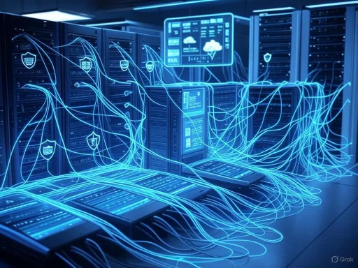 Futuristic data center with illuminated servers and interconnected cables, displaying digital security icons and cloud analytics. Futuristic data center with illuminated servers and interconnected cables, displaying digital security icons and cloud analytics.