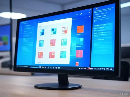 A computer monitor displaying a software interface with various colorful window layouts and text on a wooden desk.