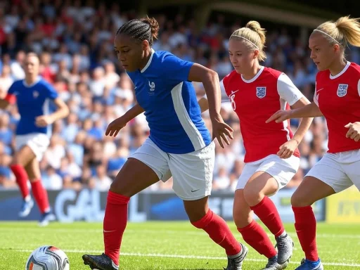 Women soccer players competing for the ball during a match, with one player in blue ahead of two in red jerseys.