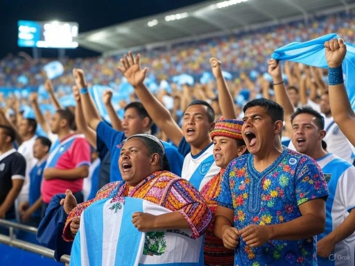 Crowd of passionate football fans cheering passionately, waving flags, and wearing colorful traditional attire.