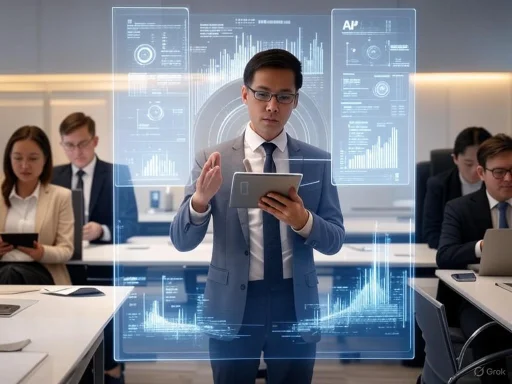 A businessman interacts with futuristic digital data visuals in a modern conference room.