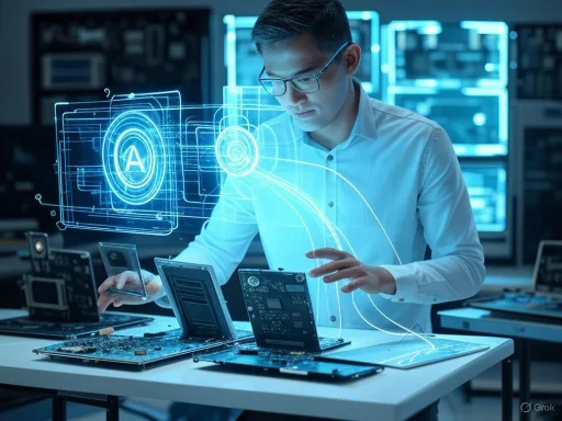 A technician works on electronic devices with holographic AI overlay in a high-tech lab setting.