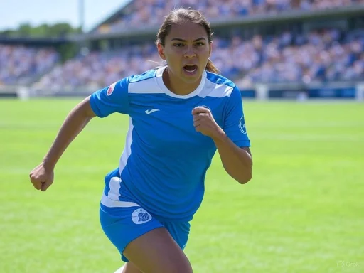 A female soccer player in a blue uniform runs aggressively on the field during a match.