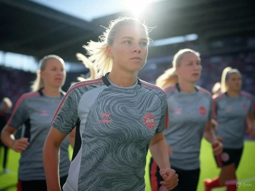 A female soccer player leads a team onto the field, with the sunlight shining behind her, during an early match or practice.