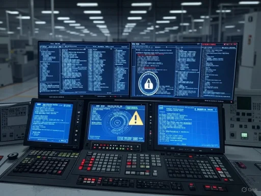 Multiple computer screens display security alerts and system data in a high-tech control room. Multiple computer screens display security alerts and system data in a high-tech control room.