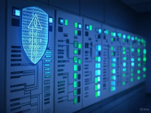 A server room displays a digital warning shield with a circuit pattern, indicating cybersecurity or system protection. A server room displays a digital warning shield with a circuit pattern, indicating cybersecurity or system protection.