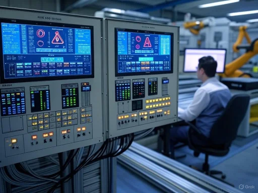 An engineer monitors industrial control panels and robotic machinery in a high-tech manufacturing facility. An engineer monitors industrial control panels and robotic machinery in a high-tech manufacturing facility.