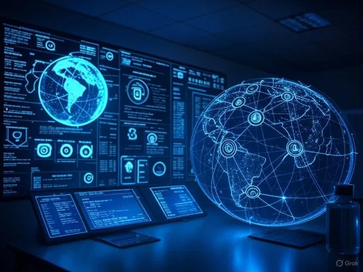 Futuristic digital control room displaying holographic global data networks and world maps. Futuristic digital control room displaying holographic global data networks and world maps.