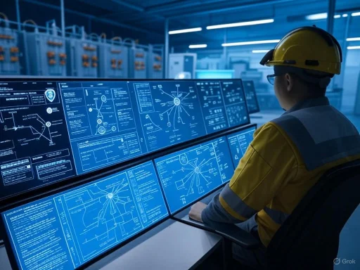 A worker in safety gear analyzes data on multiple digital screens in a high-tech control room. A worker in safety gear analyzes data on multiple digital screens in a high-tech control room.