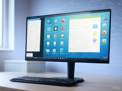 A sleek computer setup with a monitor, keyboard, and a desktop interface on a clean workspace. A sleek computer setup with a monitor, keyboard, and a desktop interface on a clean workspace.