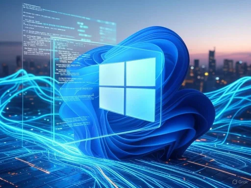 A futuristic digital illustration of Windows logo surrounded by glowing blue data streams over a cityscape at dusk.