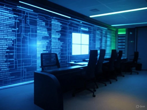 A high-tech control room with multiple chairs, computer monitors, and blue digital data displays on the wall.