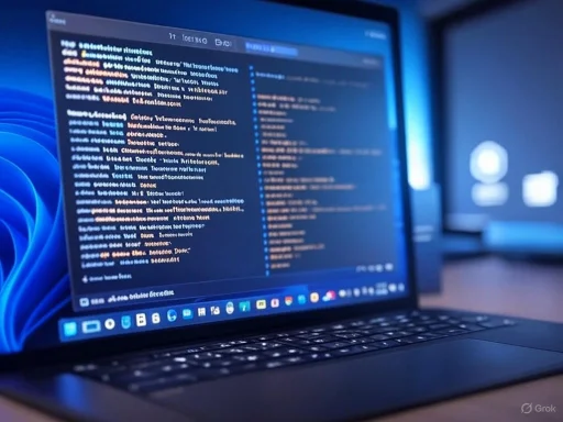 A laptop screen displaying lines of code or a command-line interface in a dimly lit office environment. A laptop screen displaying lines of code or a command-line interface in a dimly lit office environment.