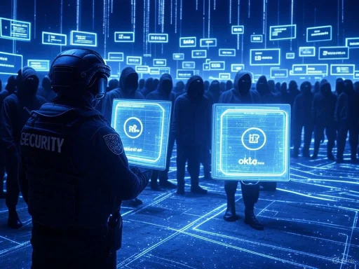 A security officer monitors a digital art installation featuring holographic maps and data displays in a futuristic setting.