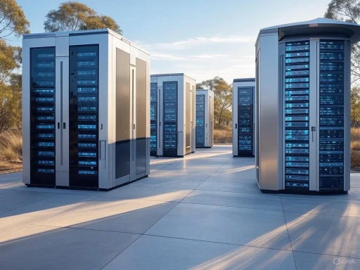 Outdoor data center with multiple server racks on a concrete slab in a natural setting.
