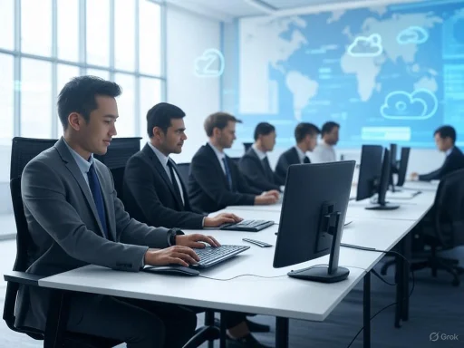 Businessmen in suits working on computers in a modern conference room with cloud and world map graphics on the screen.