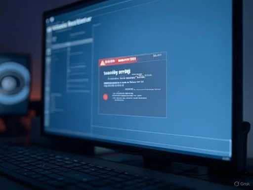A computer screen displaying a ransomware alert in a dark room with a speaker visible in the background.