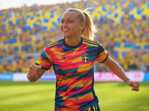 A female soccer player in a colorful Swedish national team jersey celebrating on the field.