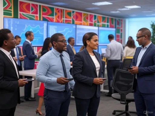 Business professionals engage in conversation in a modern office with digital charts displayed on screens.