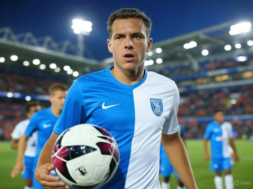 A soccer player holding a ball on a stadium field, wearing a blue and white jersey.