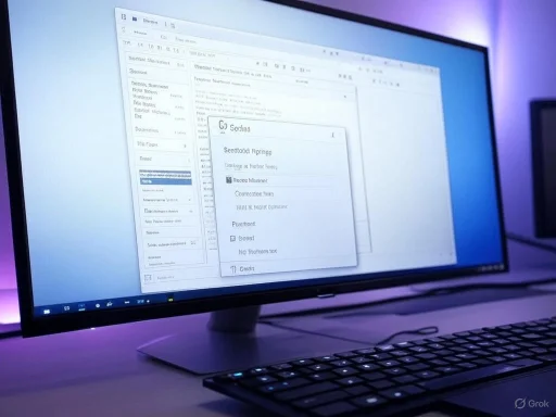 A computer monitor displays a document editing software with a pop-up menu in dark mode, illuminated by purple ambient lighting.