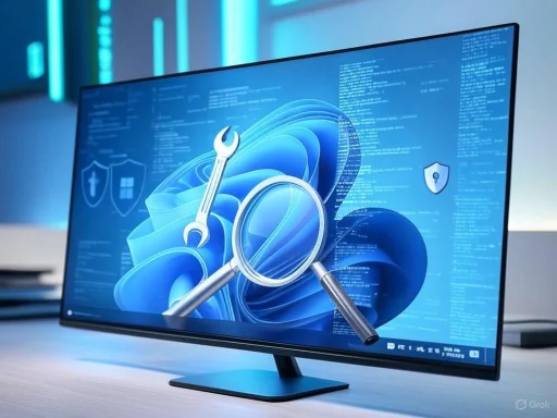 A monitor screen displays cybersecurity and system protection icons, with a magnifying glass, wrench, and abstract graphics.