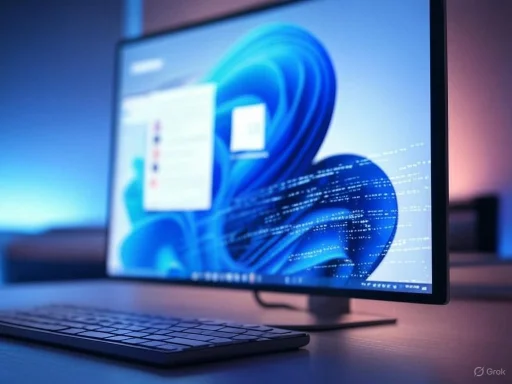 A modern desktop computer with a curved screen displaying the Windows 11 interface, illuminated by soft ambient lighting.