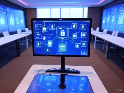 A conference room with digital security flowcharts displayed on monitors and screens on the walls.