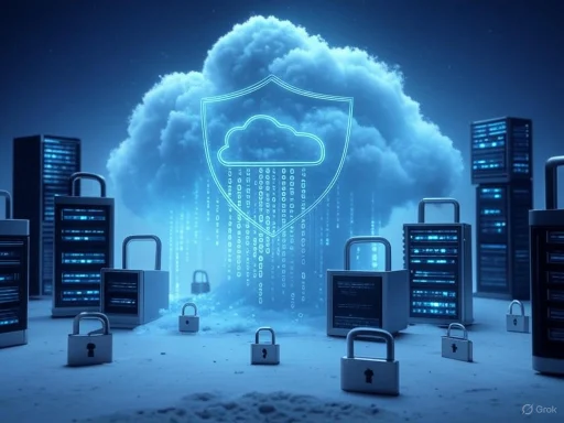 Cloud computing security represented by cloud icon and padlocks in a futuristic data center setting.