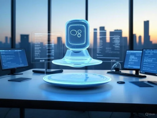 A holographic display of a smartwatch floating above a desk with multiple computer monitors in a modern office setting.
